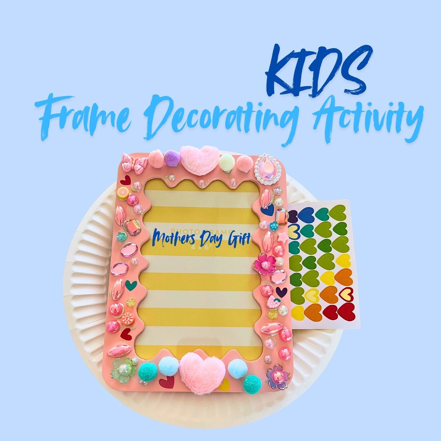 Decorative photo frame with colorful embellishments on a blue background, suitable for a 'Kids Frame Decorating Activity' themed event.