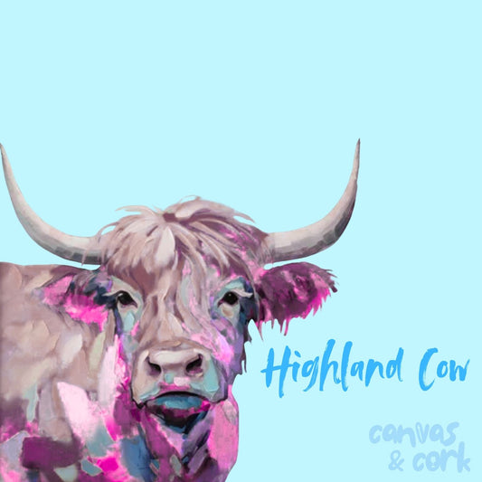 A stylized painted portrait of a Highland cow on a light blue background, with the text 'Highland Cow' and 'canvas & cork' printed on the right.