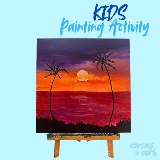 A square canvas painting displayed on a small wooden easel against a light blue background, with the text 'KIDS Painting Activity' at the top and 'canvas & cork' in the lower right corner. The painting depicts a sunset seascape with two palm trees, a full moon, and a purple-to-orange sky over red water.