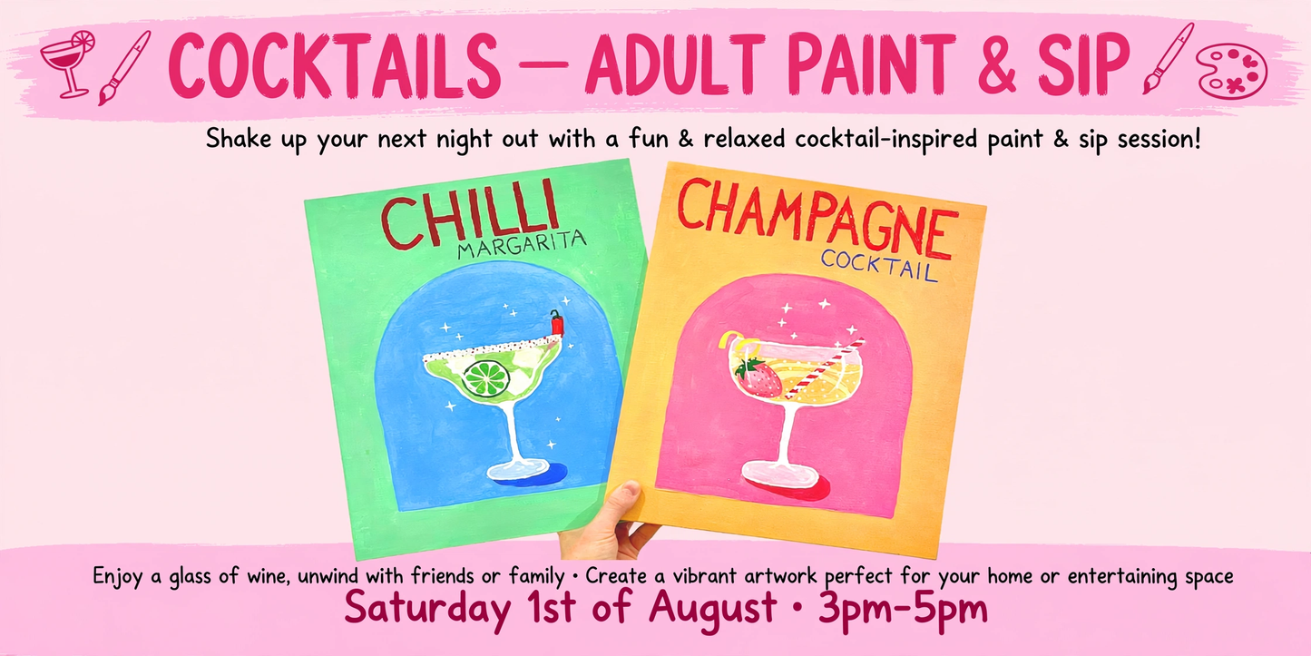 8 SPOTS LEFT | Cocktails Paint & Sip Torquay | Saturday 1st of August, 3pm-5pm